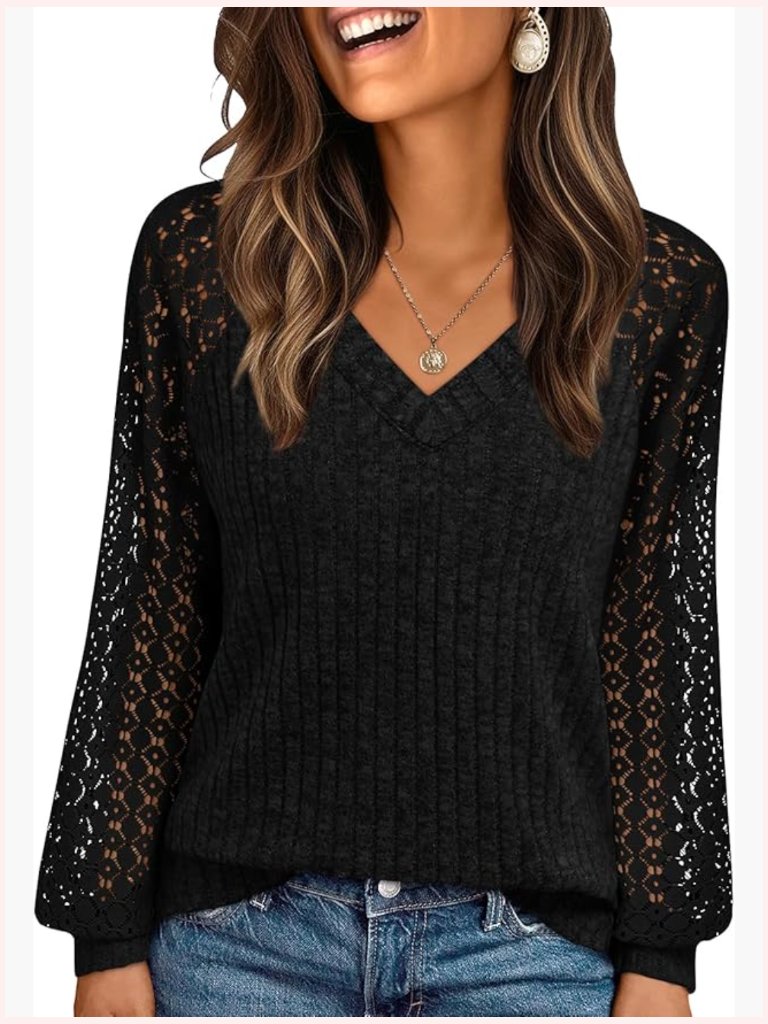 Lace Long Sleeve Tunic Blouse V-Neck Lightweight Office Top